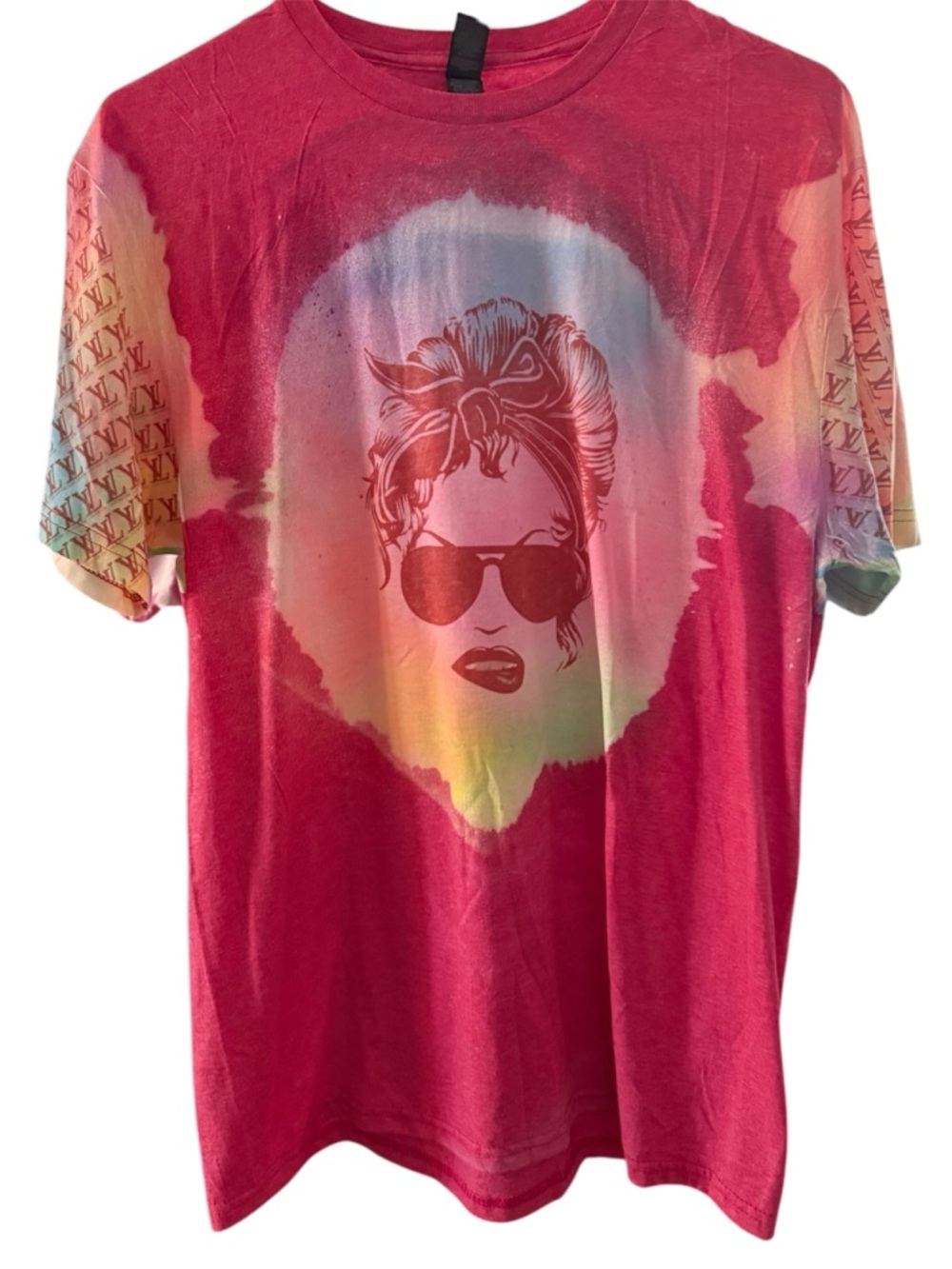 Tie-Dye Pink Graphic Tee with Rainbow Accent bleached print lv - Women Tops